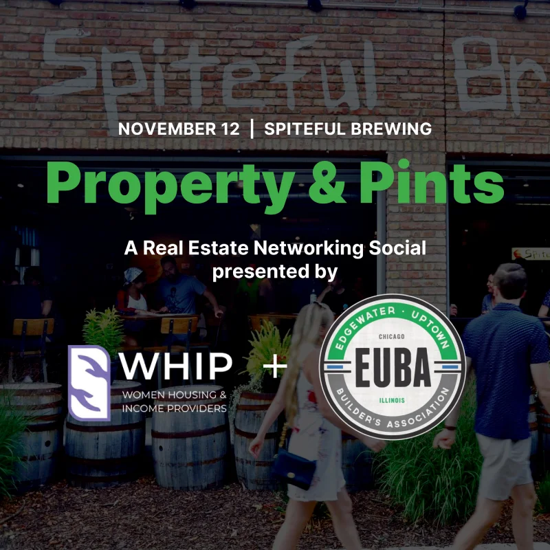 Image of the Spitefull Brewing Taproom with an overlay for the November 12th event Property And Pints put on by WHIP and EUBA.